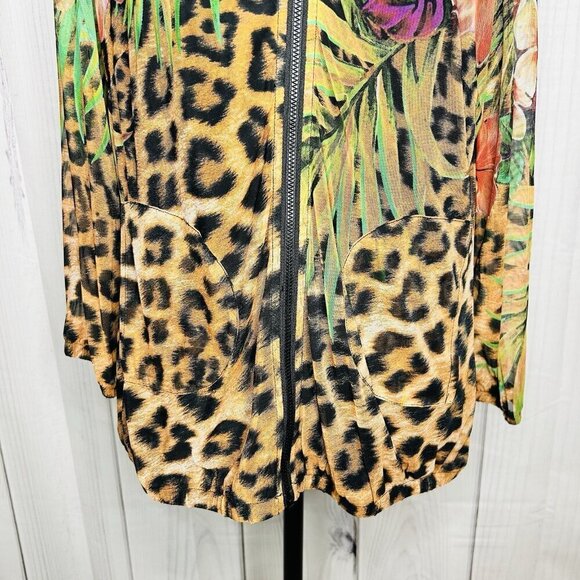 Simon Chang Floral Animal Print Over Mesh Hooded Jacket Size S Full Zip - Picture 3 of 10